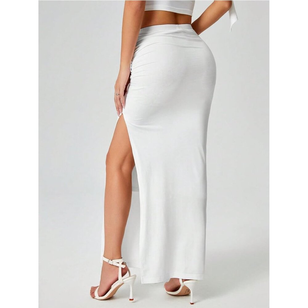 Women's White Ruched Side Slit Thigh Elegant Bodycon Pencil Chic Maxi Skirt - Picture 4 of 6